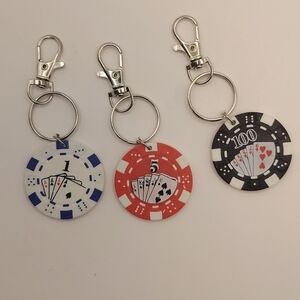 Poker Chip Keychain Bag Charm Trio Red Blue Black White 3 PCS
